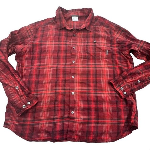 Columbia Mens Button‎ Down Shirt Size 2XL XXL Red Black Plaid Light Flannel Hike - Picture 1 of 8